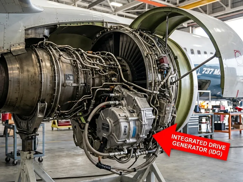 Integrated Drive Generator installed on the right engine of a Boeing 737, showing its position within the engine assembly.