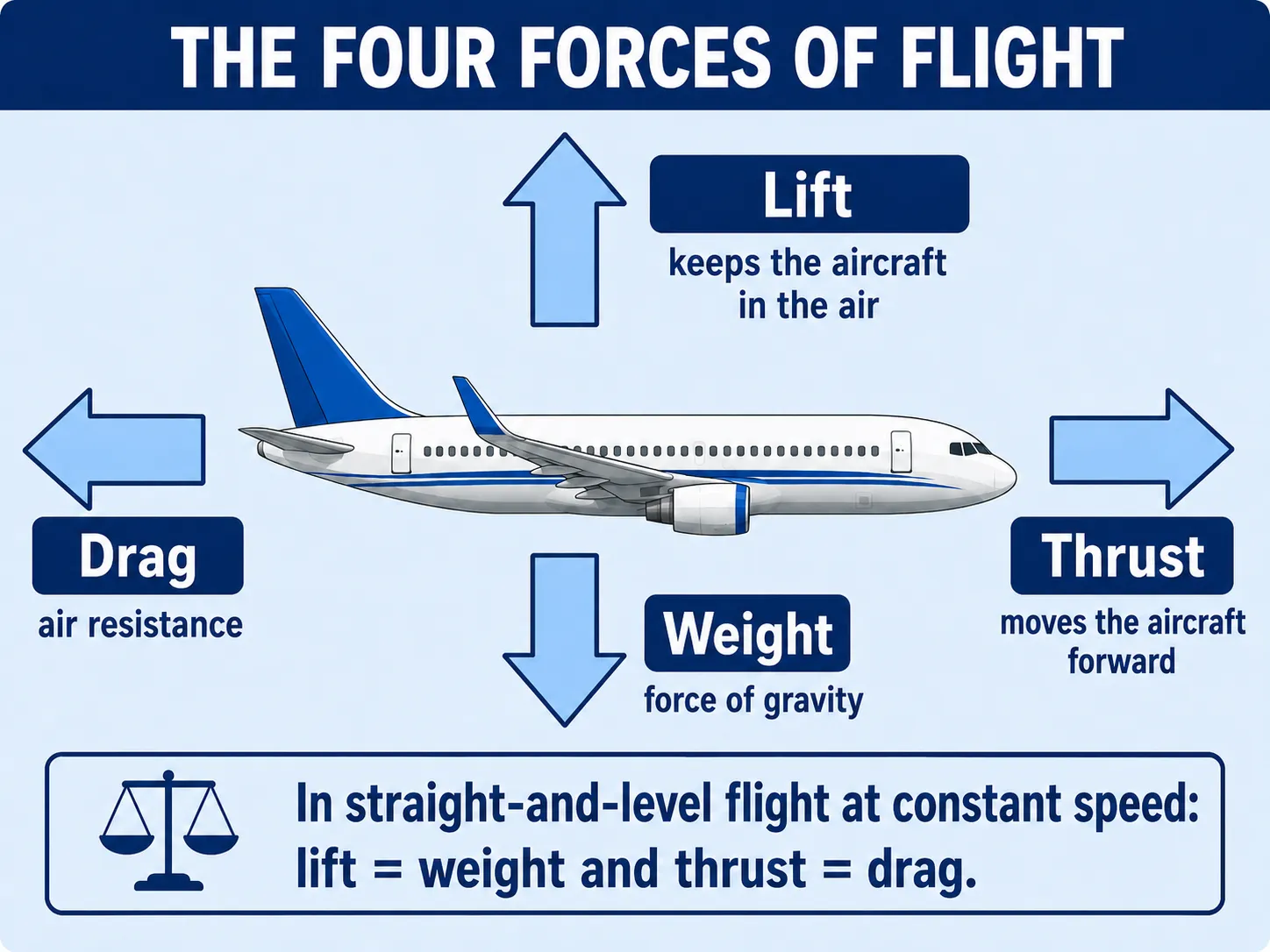 The four forces of flight: lift, weight, thrust, and drag