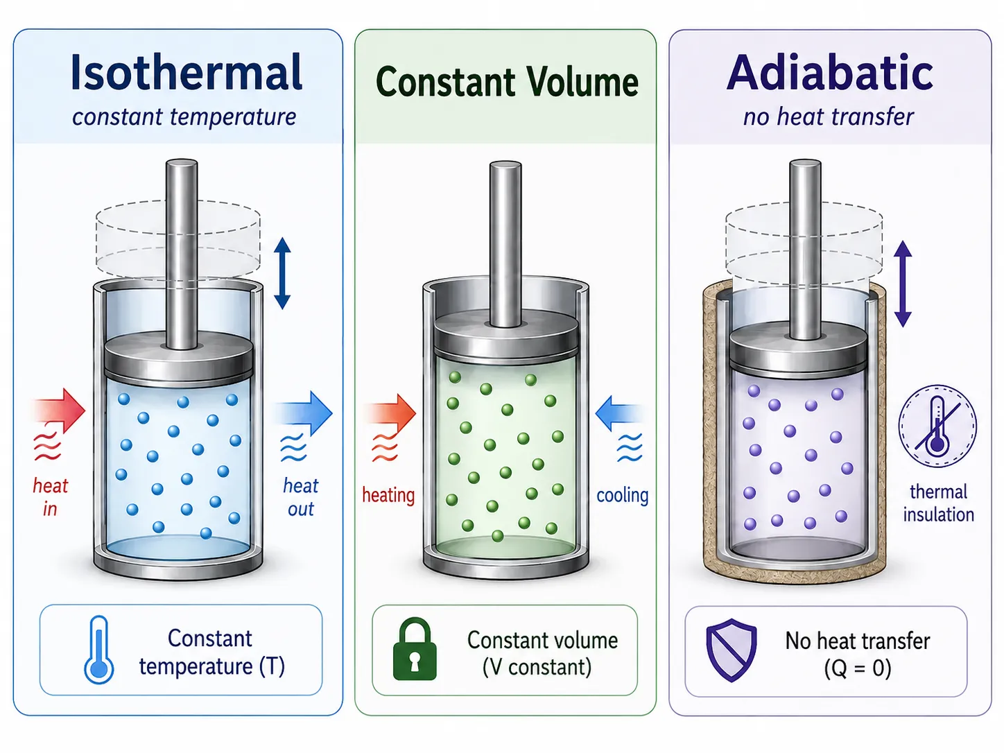 Isothermal constant-volume and adiabatic thermodynamic processes