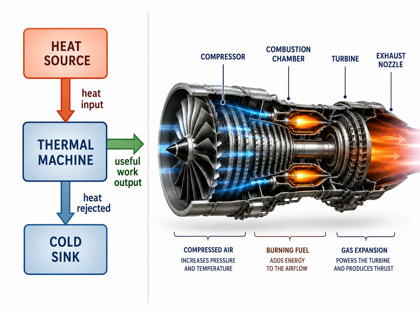 Heat engine and aircraft engine cutaway