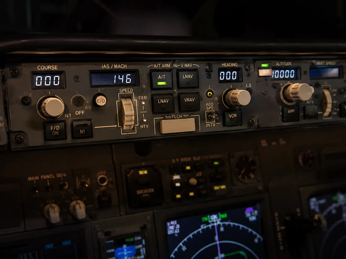 MCP panel used to select speed, heading, altitude, and autopilot modes