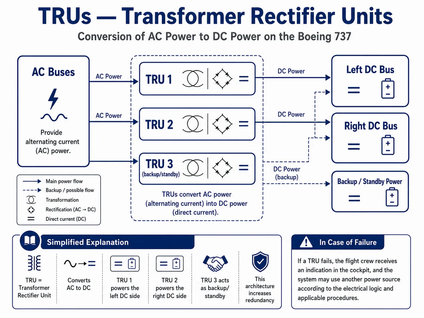 Schematic summary of TRU operation, showing the conversion of AC power into DC power in the aircraft electrical system.