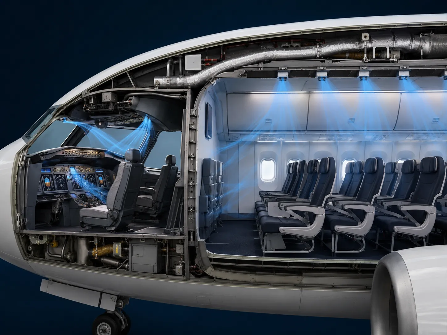 Distribution of conditioned air to the cockpit and passenger cabin