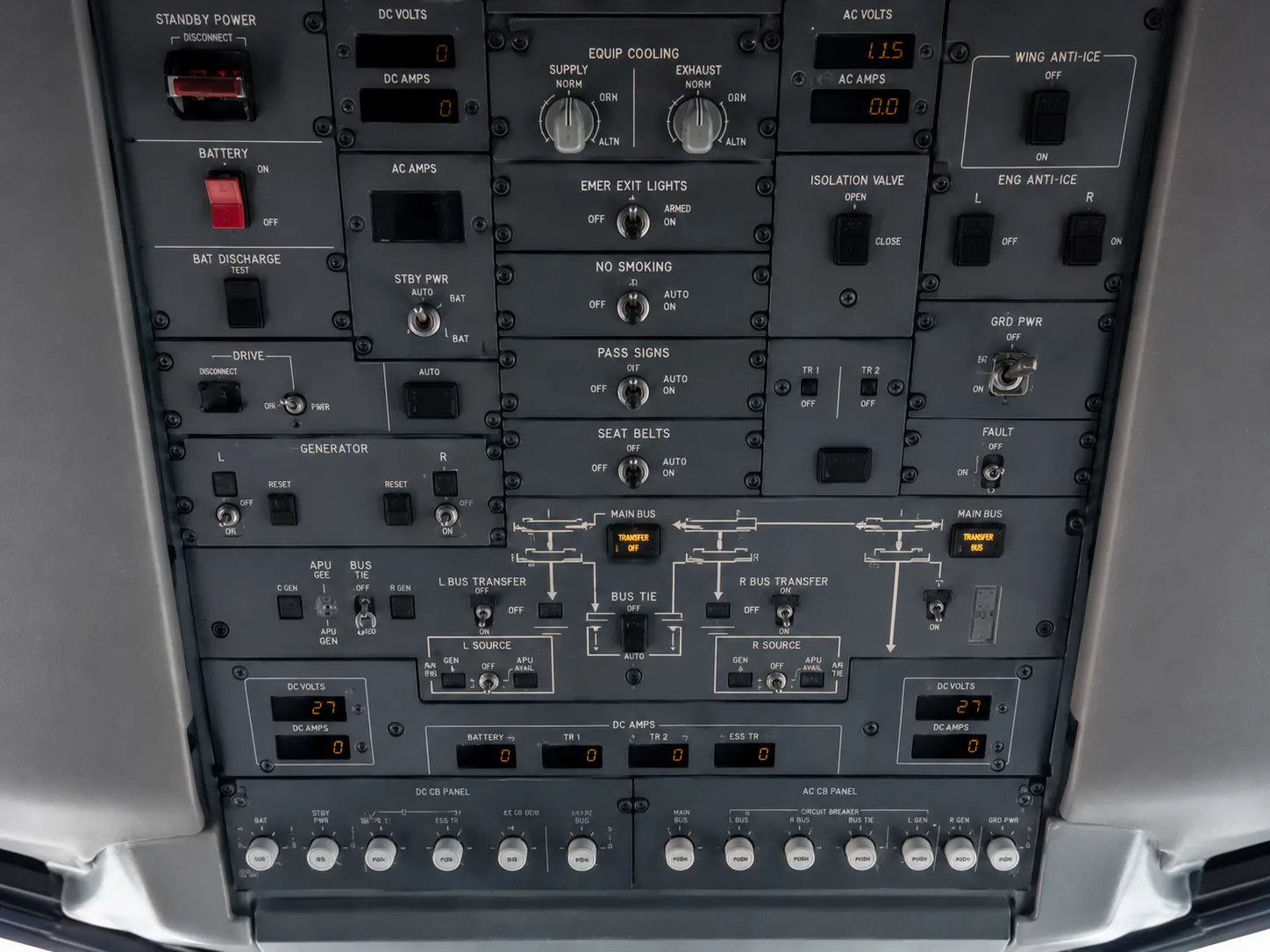 Cockpit overhead panel used to monitor voltage and amperage for each electrical bus