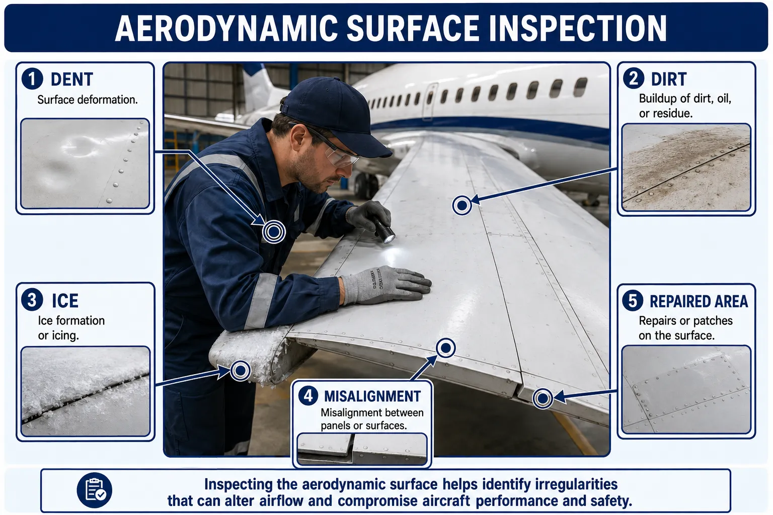 Aerodynamic surface inspection during aircraft maintenance
